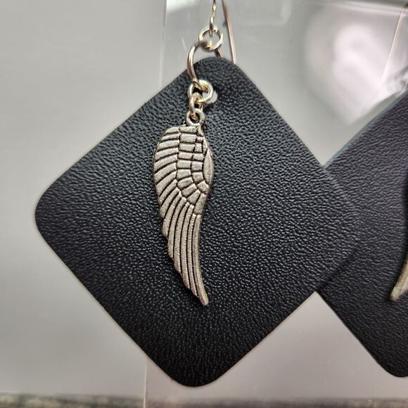 Handmade leather earrings w angel wings sterling silver earwires genuine leather - Picture 2 of 5